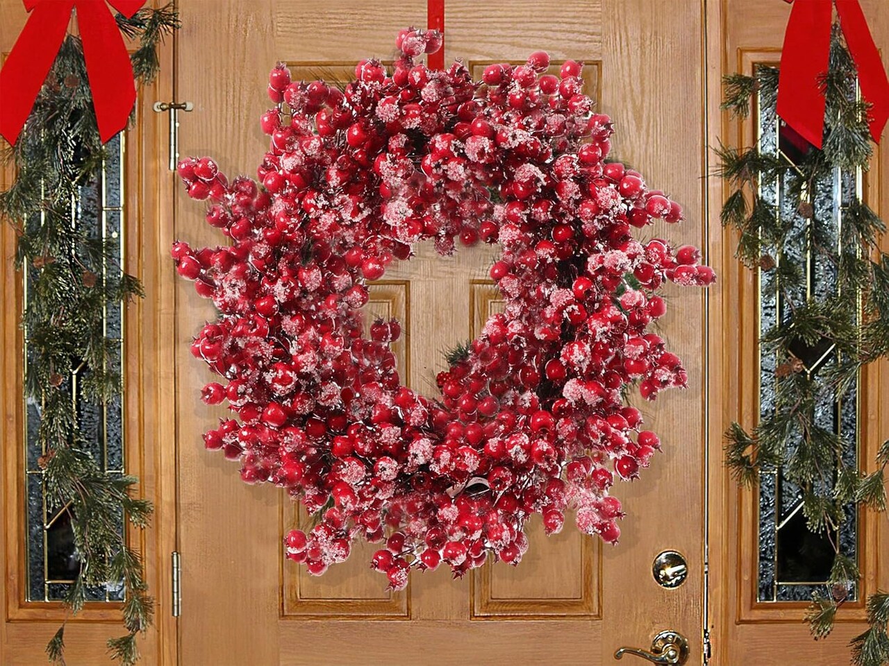 22" Red Frosted Berry Wreath - 22-Inch Iced Hawthorn Twig Berries Holiday Decorative Winter Christmas Berry Wreaths for Front Door, Fireplace, Mantel, Xmas Décor - Christmas Berry Wreath